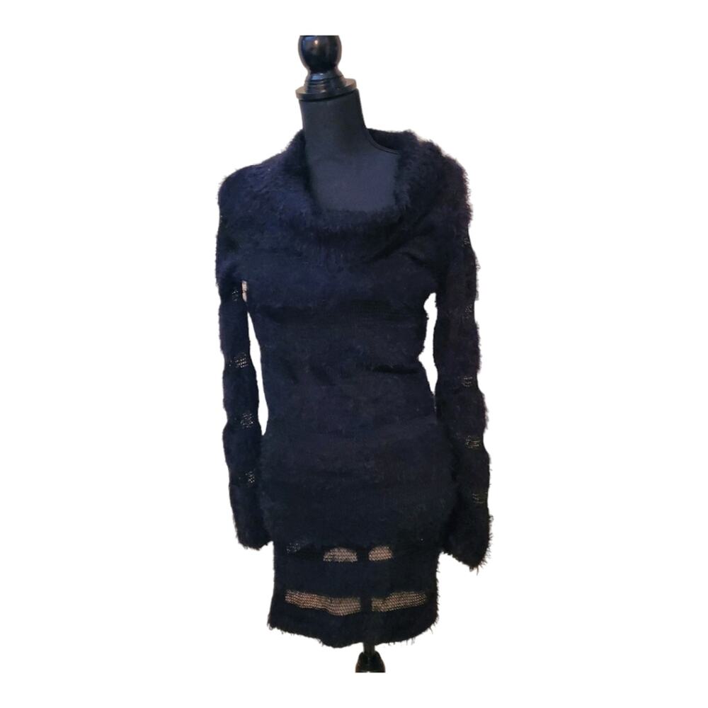 Slinky Black Size M Angora Type Dress Mesh Bands Date Night Sexy Kitten Soft